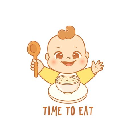 Premium Vector Cute Happy Baby Boy Eat Porridge In Bowl With Spoon