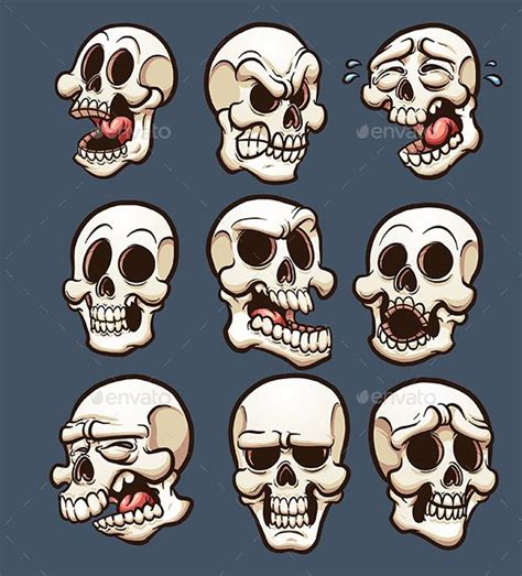 Cartoon Skulls With Different Emotions Vector Clip Art Illustration