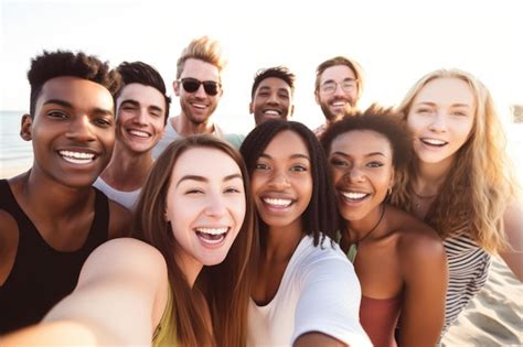 Premium Ai Image Shot Of A Group Of Happy Friends Taking Selfies At The Beach Created With