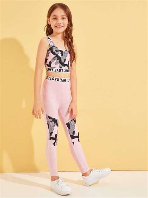 Girls Letter Tape Trim Camo Tank Top And Leggings Set Girls Fashion
