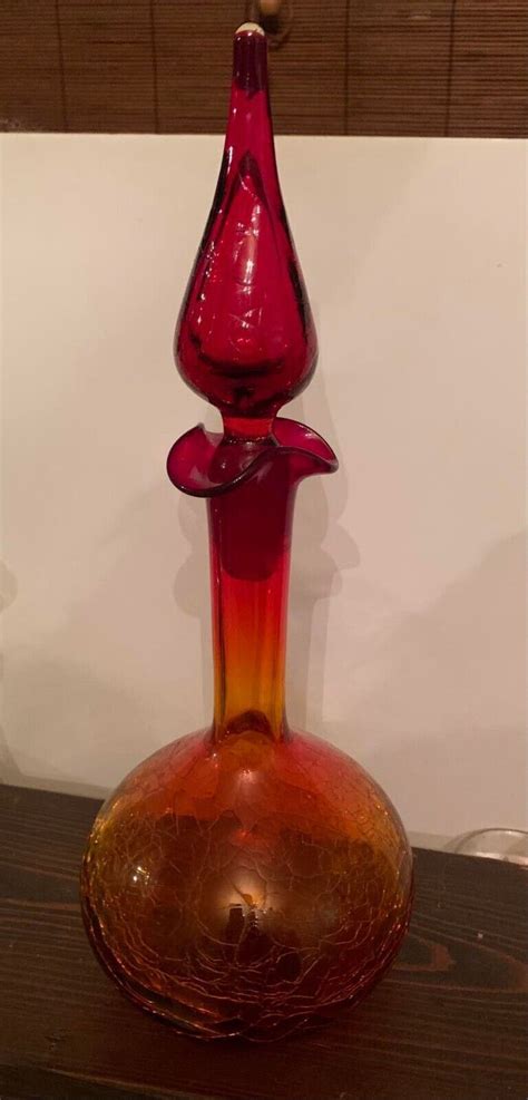 Blenko Crackle Genie Bottle Decanter 37 In Tangerine Amberina Ebay