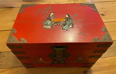 Vintage Asian Jewelry Box Large Red With Carvedd Stone Geisha Etsy