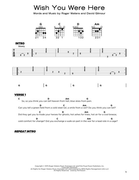 Wish You Were Here Sheet Music Pink Floyd Really Easy Guitar