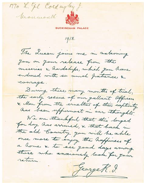 Filehand Written Letter Of Recognition For World War 1 Pow From King