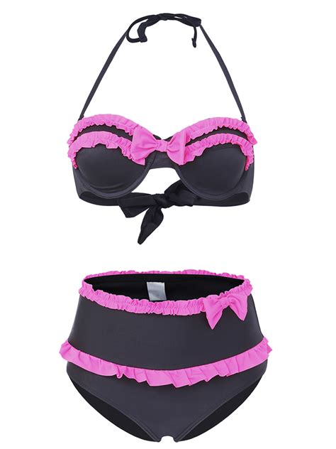 Black High Waist Swimwear Neon Rose Ruffles And Bows Bikini Set Us3429
