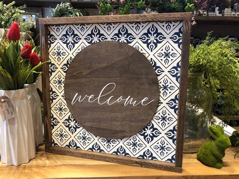 Gather Stay Awhile Welcome Tiled Wood Sign Wood Sign Etsy