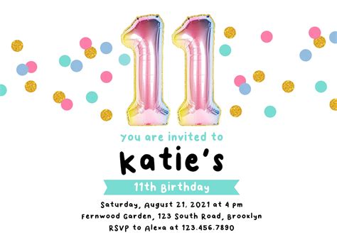Custom Printable 11th Birthday Invitation Downloadable 11th Birthday