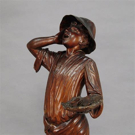 Proantic Antique Wooden Carved Statue Of A Young Fisherman