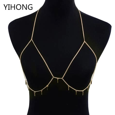 Women Sexy Body Chain Bikini Bra Net Slave Harness V Necklace Waist Belly Bralette Chain