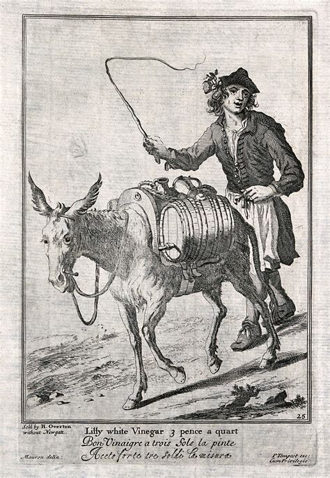 A man is whipping a donkey on as he carries the panniers which hold the vinegar the vendor will ...