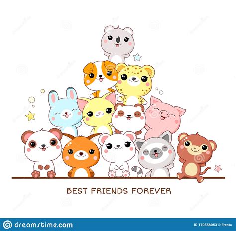 Best Friends Forever Square Poster With Cute Animals Stock Vector
