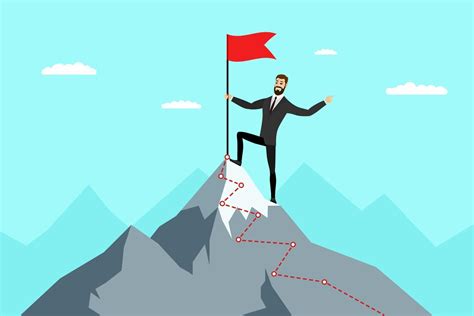 Successful Businessman With Red Flag On Mountain Peak Business Man