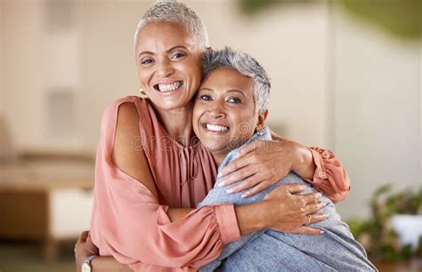Portrait Senior Women And Friends Hug Smile And Bonding For Break
