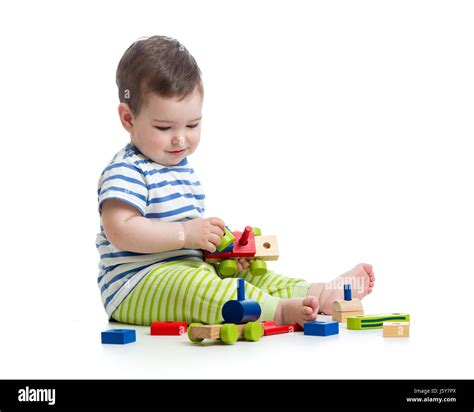 Baby Boy Playing With Blocks Toys Isolated On White Stock Photo Alamy