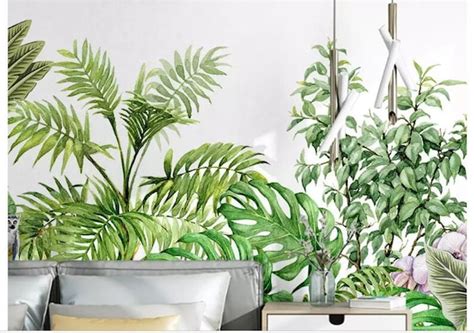 Oil Painting Green Plants Wallpaper Wall Mural Hand Painted Etsy