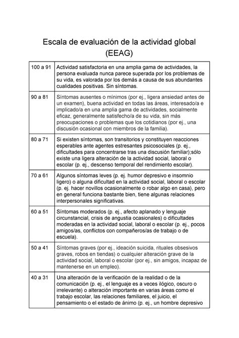 Escala De Evaluación De La Actividad Global Eeag Escala De Evaluación