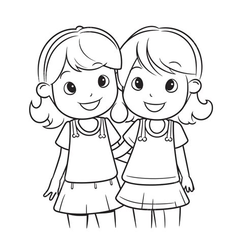 Cute Twin Girls Coloring Pages Outline Sketch Drawing Vector Cute