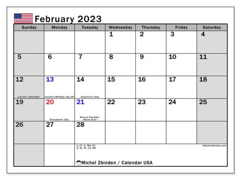 February 2023 Printable Calendar “united States” Michel Zbinden Us