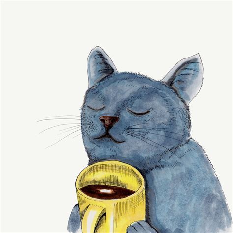 Cat Drinking Coffee Cat Mug Blue Cat Watercolor Painting Cute Cat