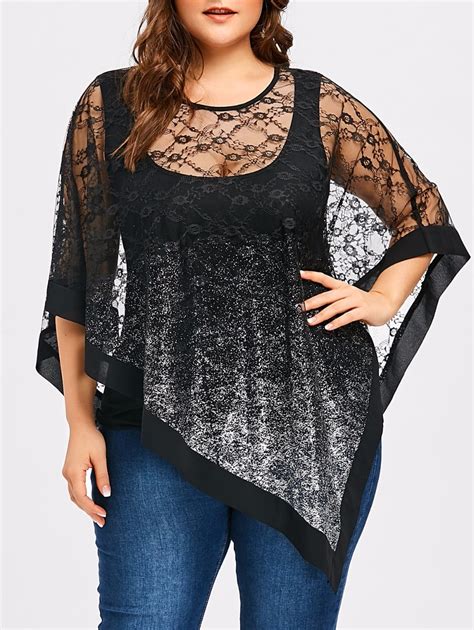 5xl Plus Size Sheer Lace Overlay Blouse Sexy Women Summer Top O Neck