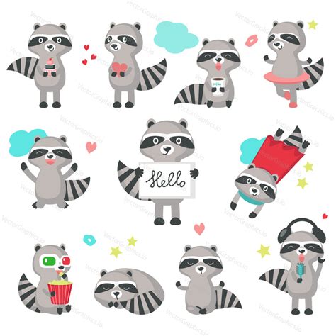 Cute Raccoon Icon Set Vector Isolated Illustration — Vector Graphics