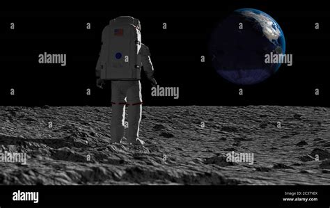 3d Rendering Astronaut Walking On The Moon And Admiring The Beautiful