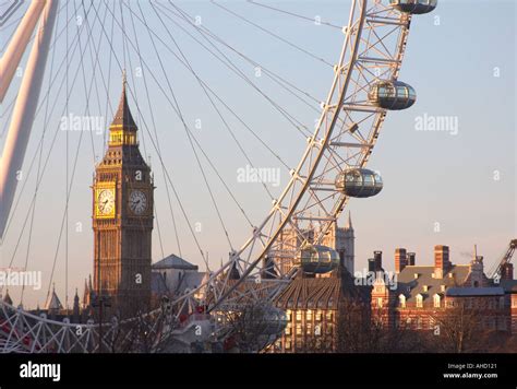Day London Eye Millenium Ferris Wheel With Big Ben Parliament In