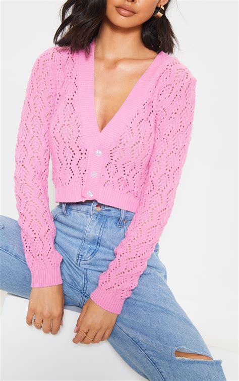 Pink Open Knit Button Front Cardigan Prettylittlething Usa