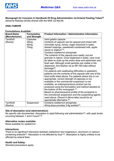 Dosing Chart For Tamiflu: A Visual Reference of Charts | Chart Master