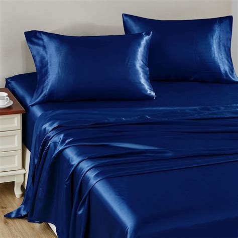 Amazon.com: CozyLux Satin Sheets Queen Size 4-Pieces Silky Sheets Microfiber Navy Blue Bed Sheet ...