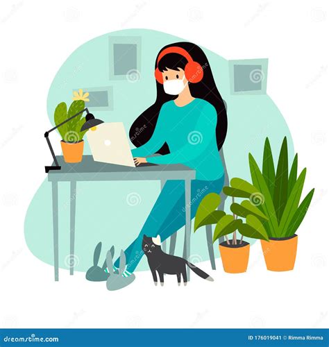 Self Isolation Woman With Laptop Working At Home Vector Illustration
