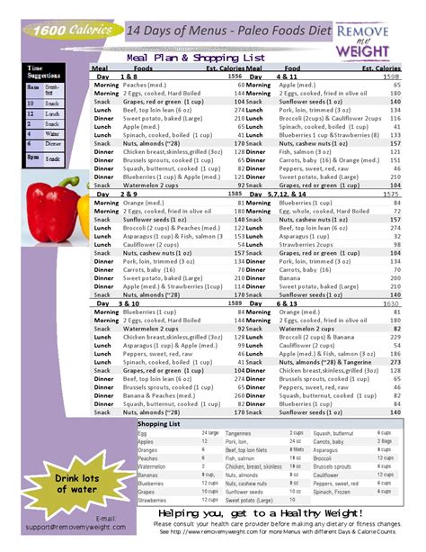 1600 Calories A Day 14 Day Paleo Diet With Shoppong List Printable