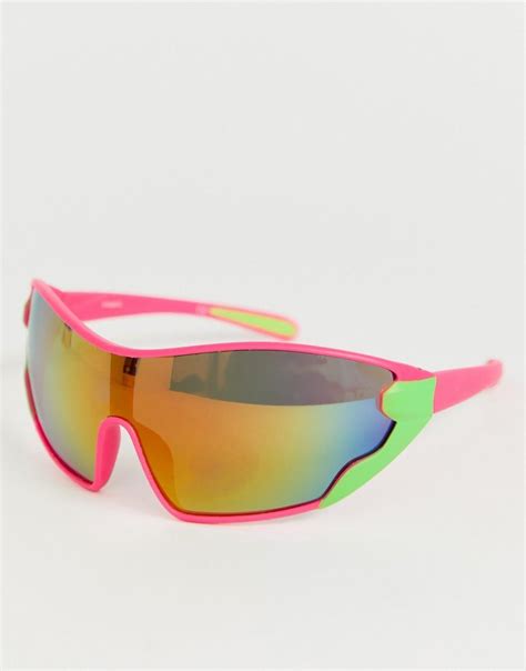 Asos Wrap Oversized Visor Sunglasses In Neon Frame In Pink Lyst