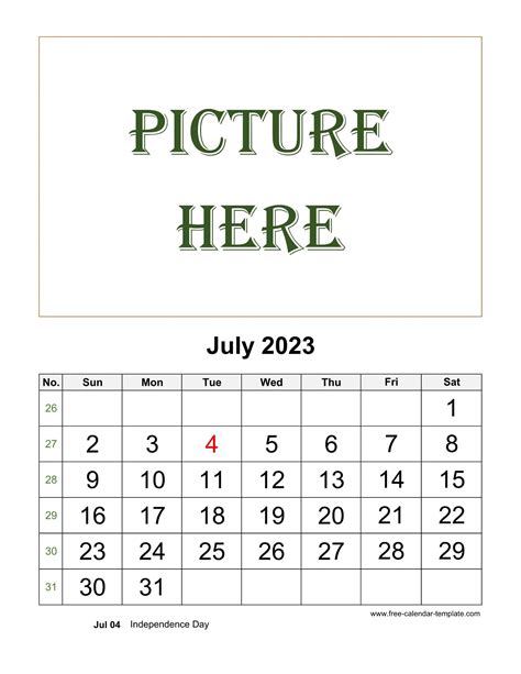July Printable 2023 Calendar Space For Add Picture Vertical Free
