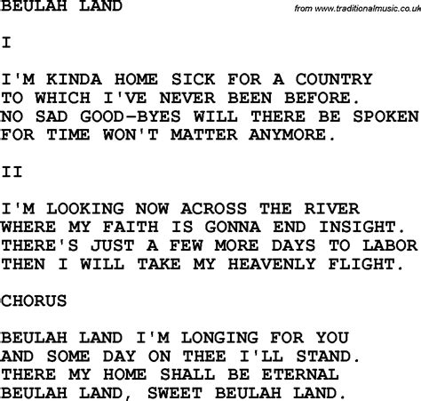 Country Southern And Bluegrass Gospel Song Beulah Land Lyrics