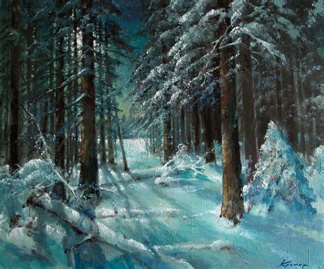 Moonlight Winter Night In Fir Forest Painting By Mark Kremer