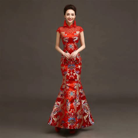 Aliexpress Buy Long Cheongsam Chinese Bride Wedding Dress Costume Retro Elegant Embroidery