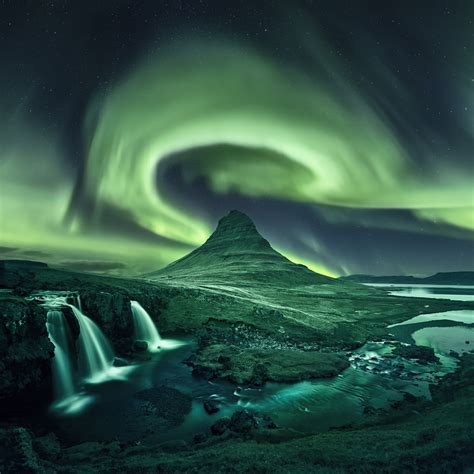 Kirkjufell Aurora Borealis Northern Lights Iceland Waterfall Night
