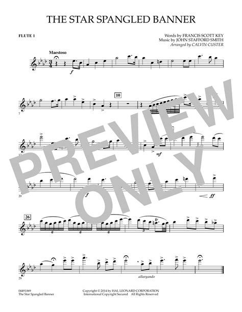 Calvin Custer The Star Spangled Banner Flute 1 Sheet Music Notes
