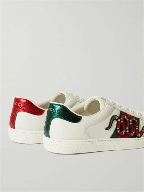 Gucci Ace Watersnake Trimmed Appliquéd Leather Sneakers White Gucci