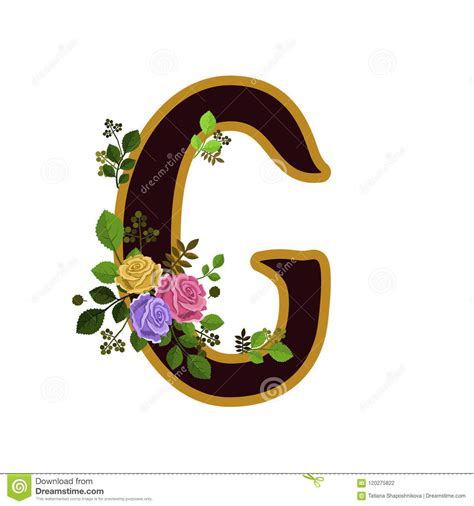 Flower Alphabet Letter G Decorated With Roses And Leaves Isolated On