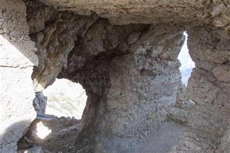 View Of Tunnel Windows Inside Mountain Massif Dolomites Italian Alps