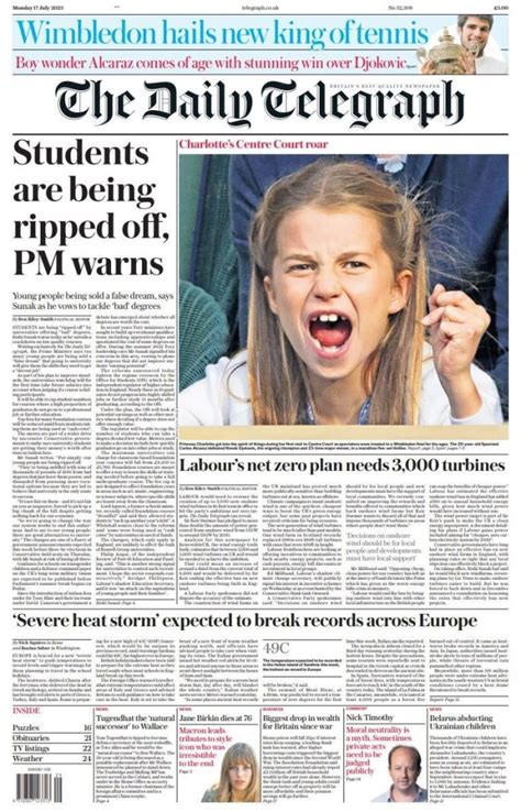 Daily Telegraph Front Page 17th Of July 2023 Tomorrow S Papers Today