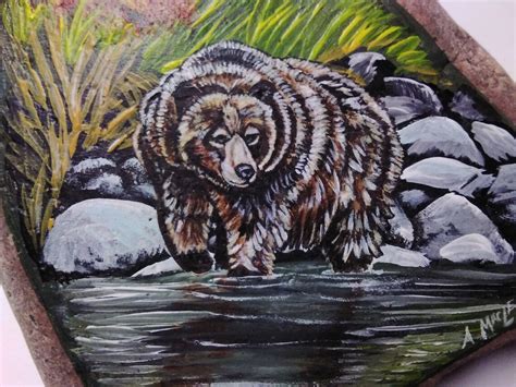 Grizzly Bear Painting On Stone Wildlife Painting Acrylic Etsy