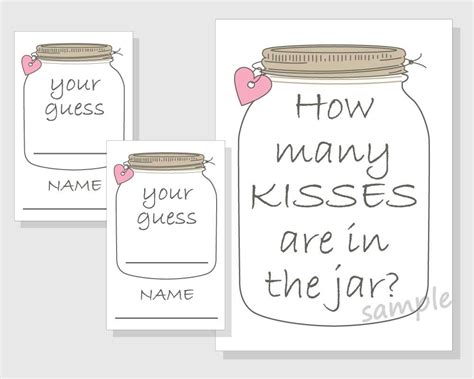 At the end of the game, the nearest guesser wins the content of the jar. How many KISSES are in the jar Printable Game Rustic Mason