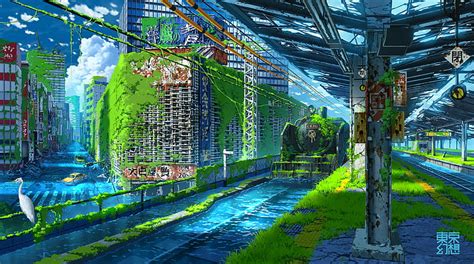 Hd Wallpaper Anime Landscape Apocalyptic Ruins Water City