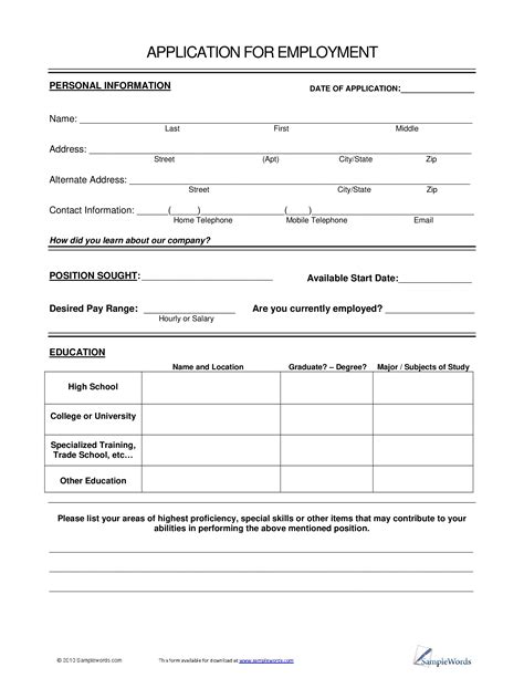 Printable Standard Job Application Form