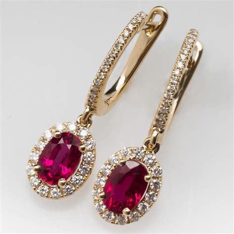 Round Diamonds Oval Ruby With 950 Carats Dangle Earrings Yg 14k In