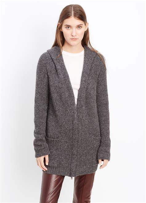 Vince Hooded Shawl Collar Zip Up Cardigan In Gray Lyst
