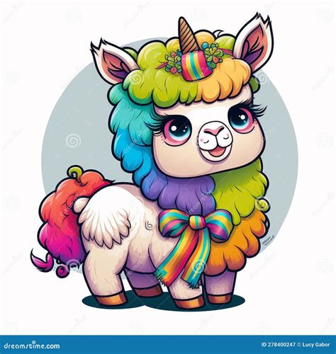 Kawaii Rainbow Llama Unicorn With Big Eyes Stock Illustration